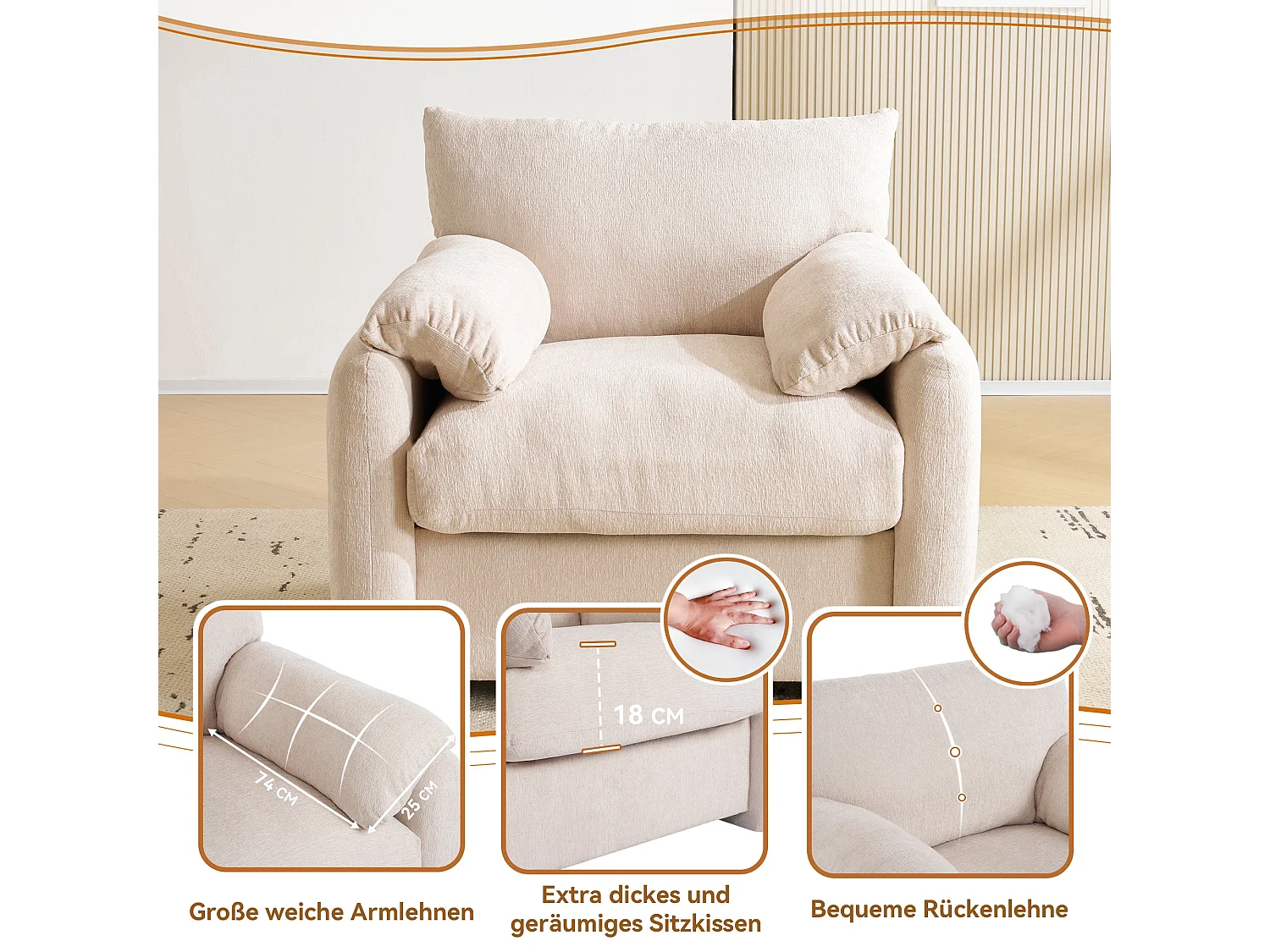 Fauteuil canapé 1 place en tissu chenille beige confortable 96x82x84cm