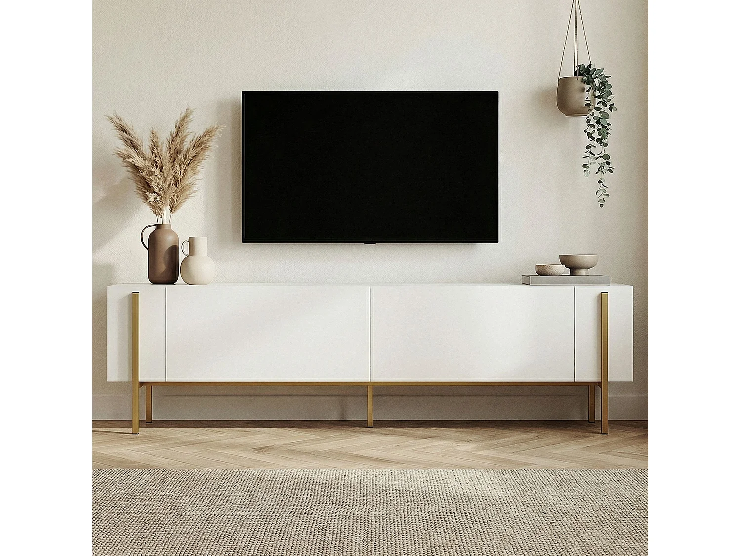 TV-Möbel aus Holz "Nexus" - 180 x 30 x 45 cm - Weiß / Gold