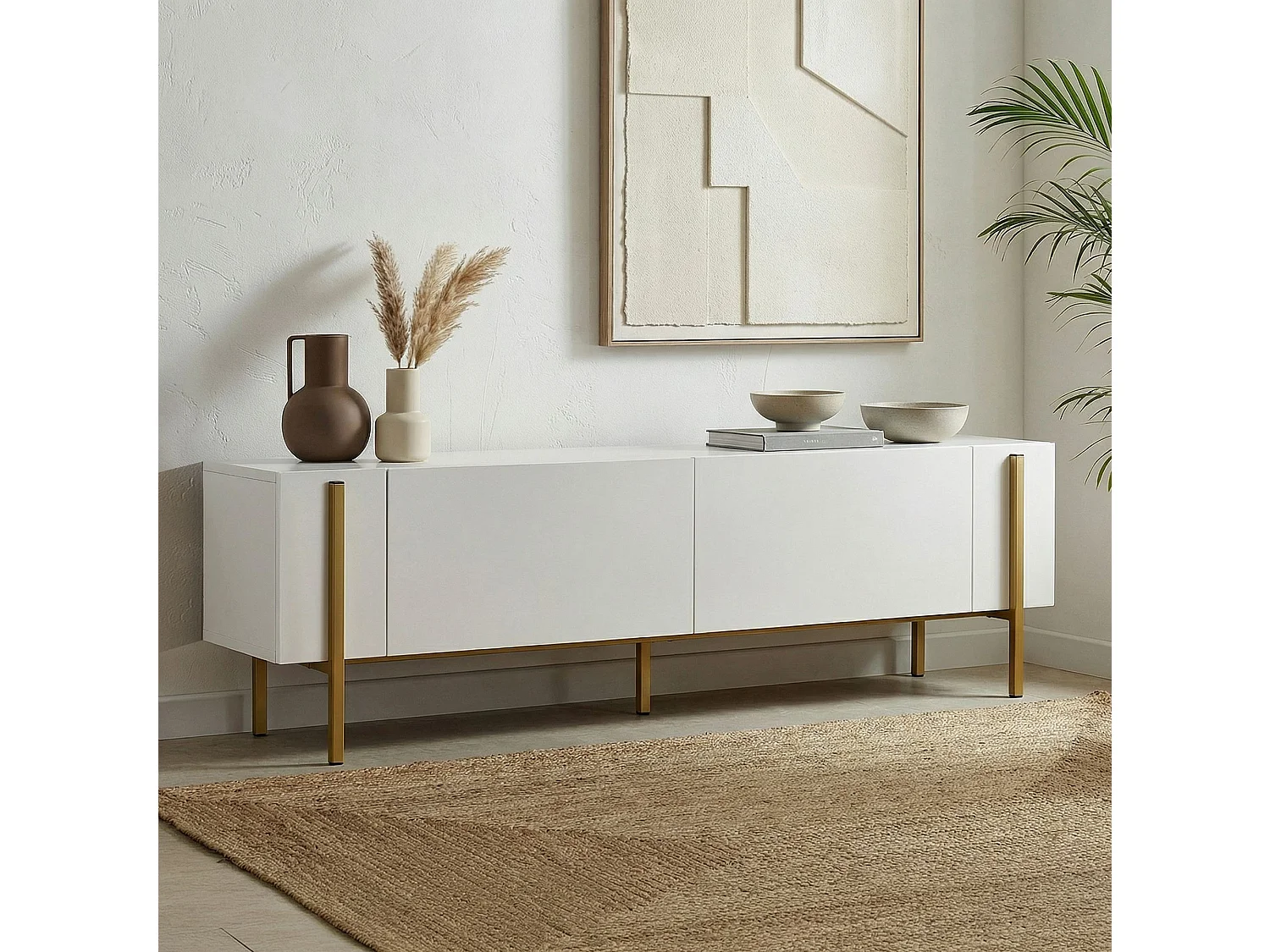 Meuble TV en bois "Nexus" - 180 x 30 x 45 cm - Blanc / Or