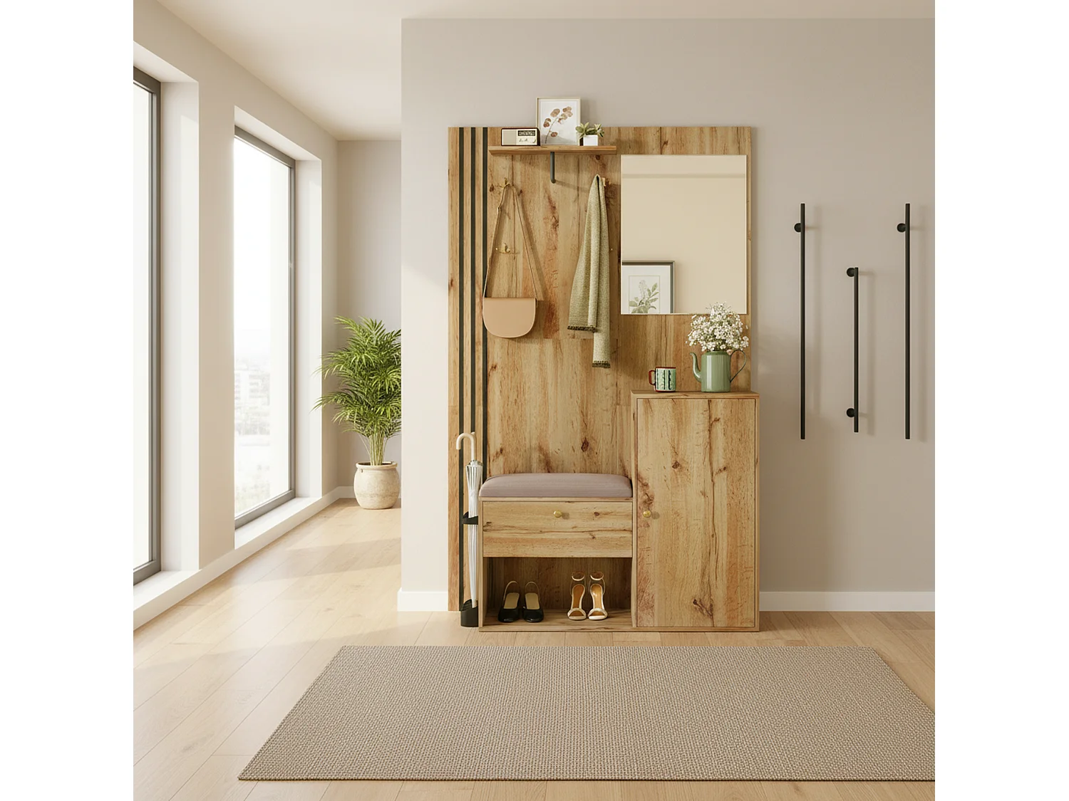 Vestiaire à l'entrée effet bois avec miroir, assise rangement chaussures et porte-parapluie 115x185x37cm