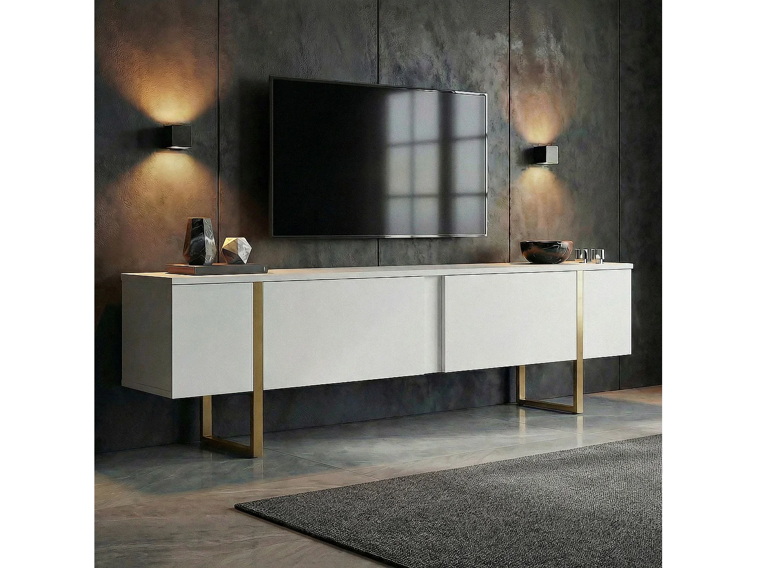 TV-Möbel aus Holz "Onera" - 180 x 30 x 50 cm - Weiß / Gold