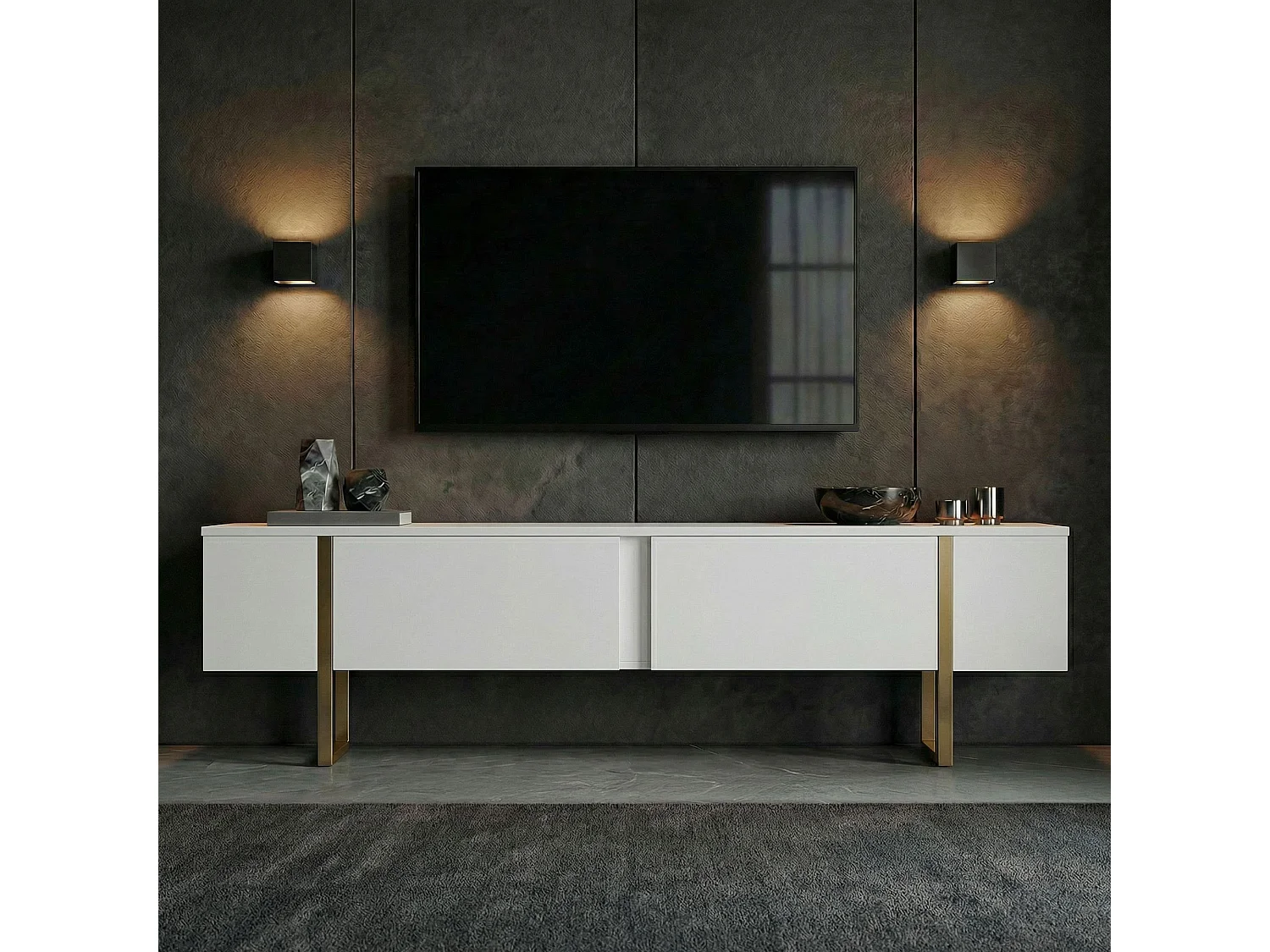 TV-Möbel aus Holz "Onera" - 180 x 30 x 50 cm - Weiß / Gold