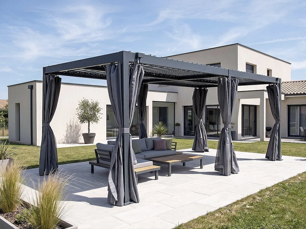 Pergola bioclimatique en aluminium avec rideau et moustiquaire "Kensington" - 3 x 5 m - Gris