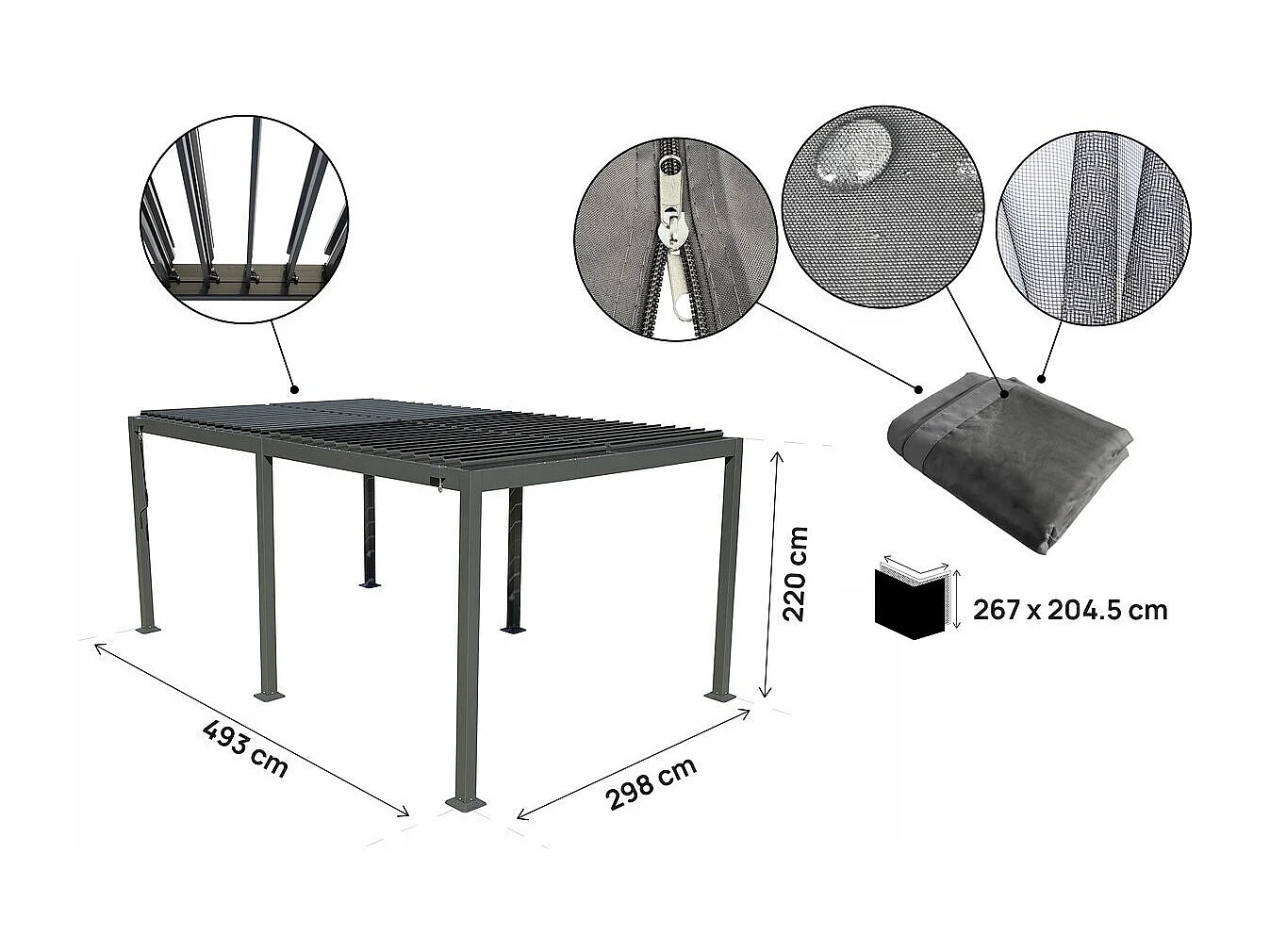 Pergola bioclimatique en aluminium avec rideau et moustiquaire "Kensington" - 3 x 5 m - Gris