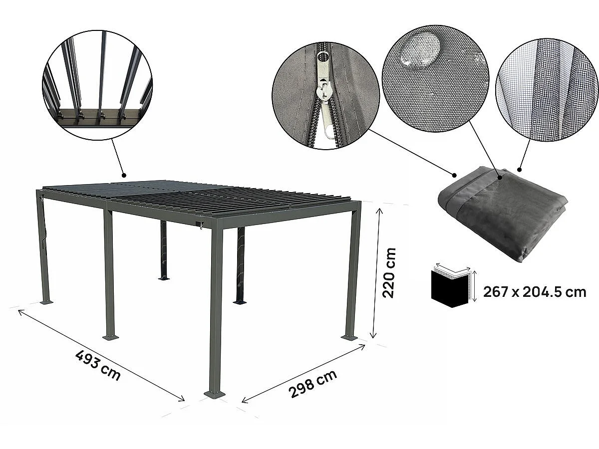 Pérgula bioclimática em alumínio com cortina e rede mosquiteira <<Kensington>> - 3 x 5 m - Cinzento