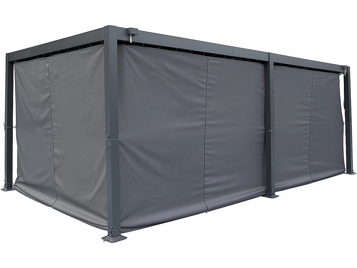 Pérgula bioclimática em alumínio com cortina e rede mosquiteira <<Kensington>> - 3 x 5 m - Cinzento