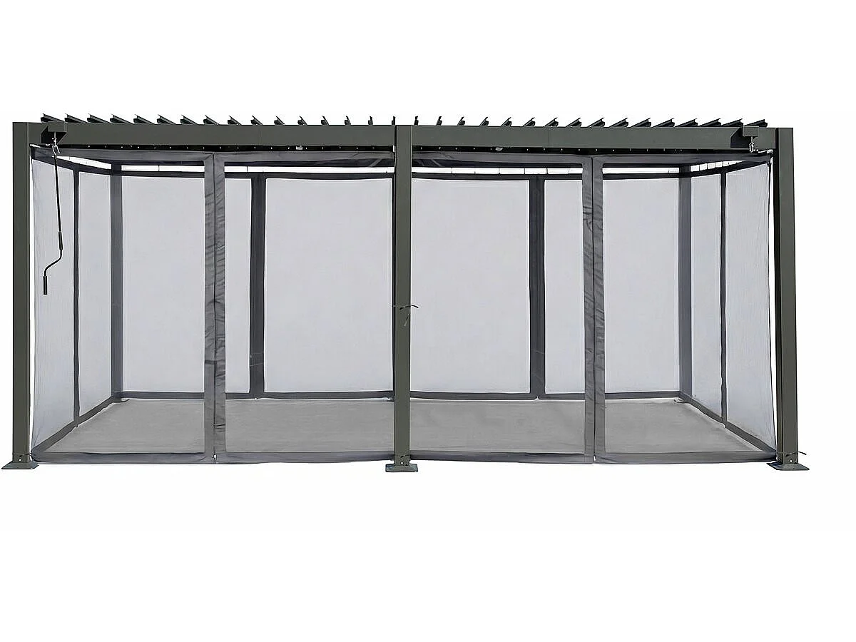 Pérgula bioclimática em alumínio com cortina e rede mosquiteira <<Kensington>> - 3 x 5 m - Cinzento