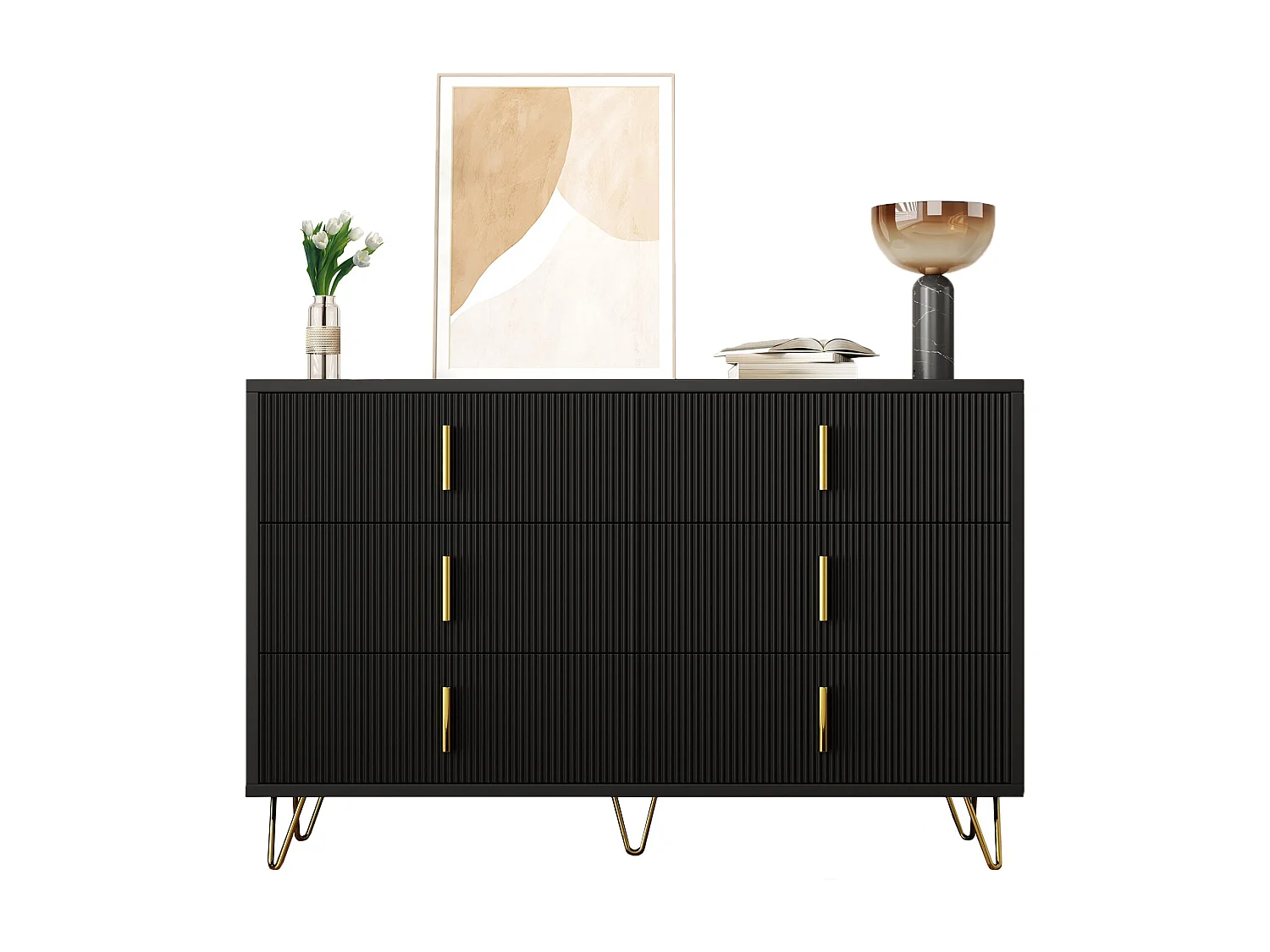 Buffet moderne noir orné de rayures élégantes 6 tiroirs poignées dorés 120x40x77cm