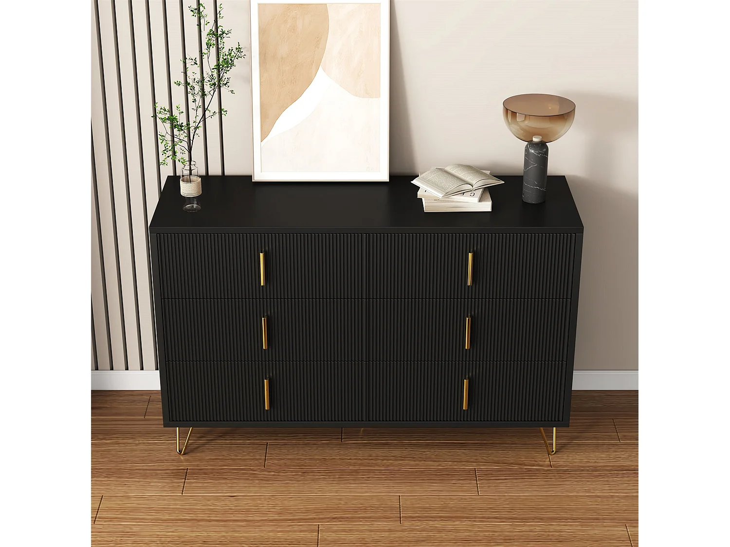 Buffet moderne noir orné de rayures élégantes 6 tiroirs poignées dorés 120x40x77cm