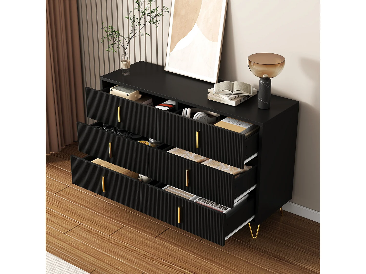 Buffet moderne noir orné de rayures élégantes 6 tiroirs poignées dorés 120x40x77cm
