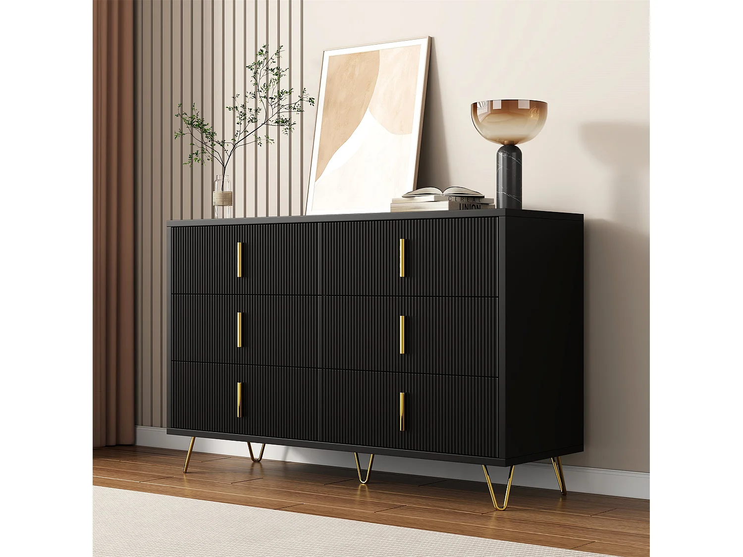 Buffet moderne noir orné de rayures élégantes 6 tiroirs poignées dorés 120x40x77cm