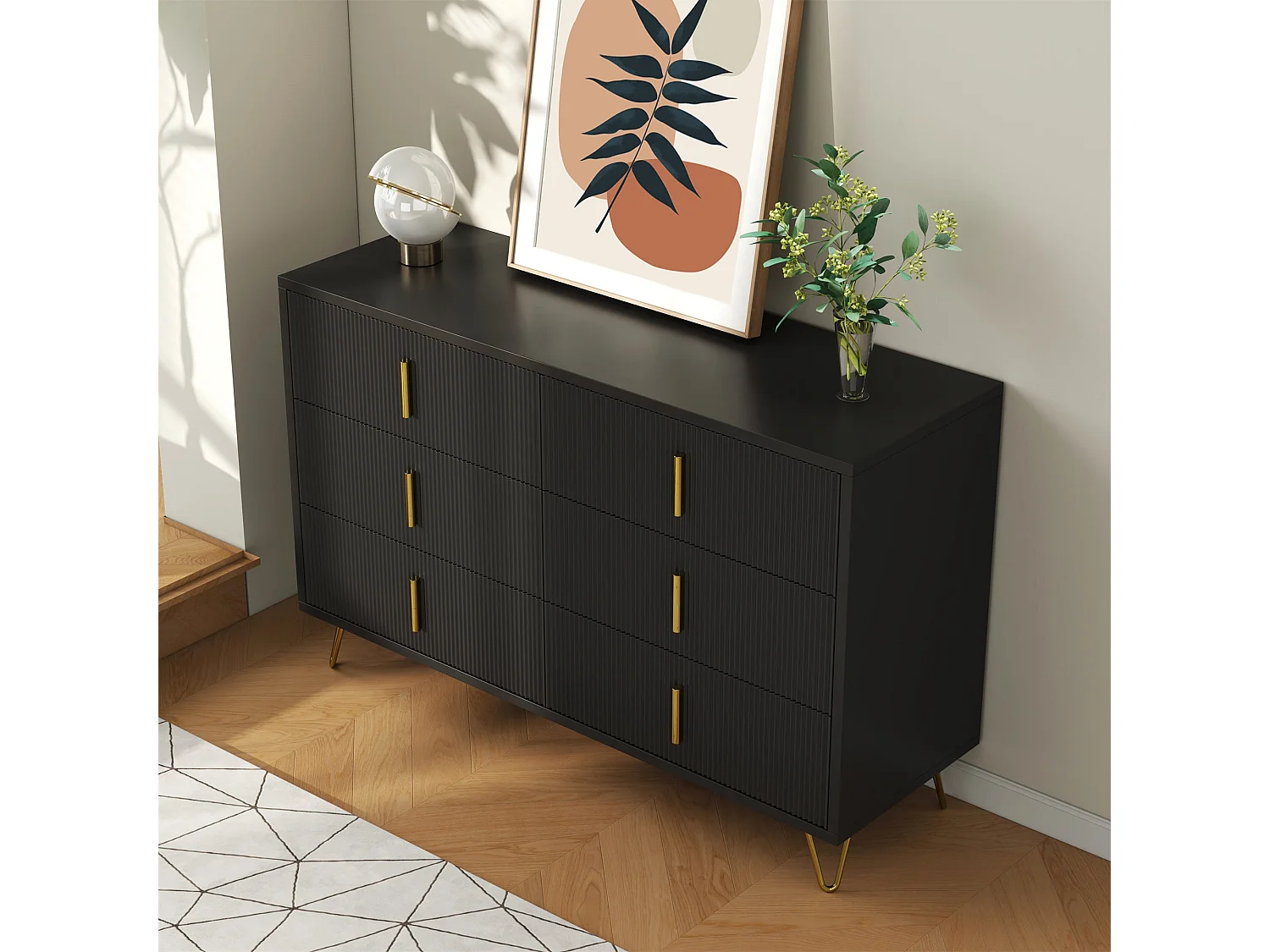 Buffet moderne noir orné de rayures élégantes 6 tiroirs poignées dorés 120x40x77cm