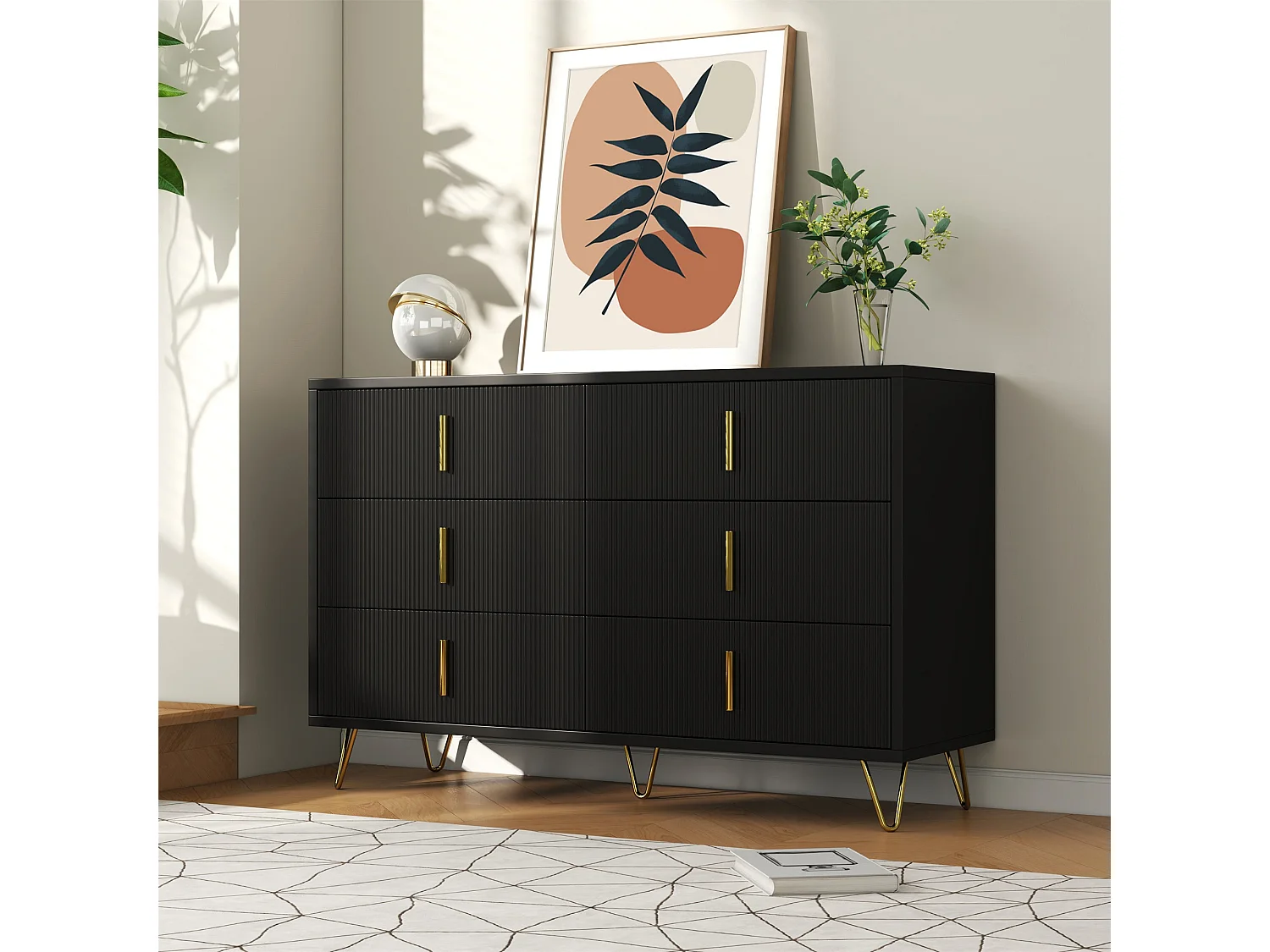 Buffet moderne noir orné de rayures élégantes 6 tiroirs poignées dorés 120x40x77cm