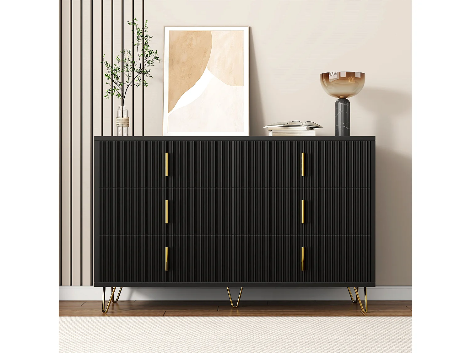 Buffet moderne noir orné de rayures élégantes 6 tiroirs poignées dorés 120x40x77cm