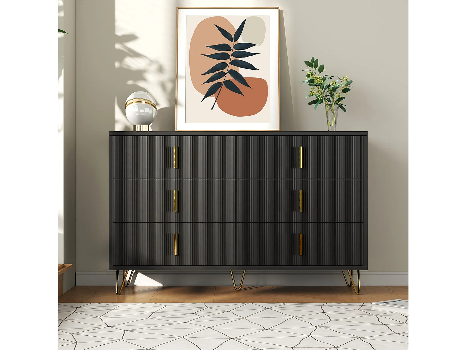 Buffet moderne noir orné de rayures élégantes 6 tiroirs poignées dorés 120x40x77cm