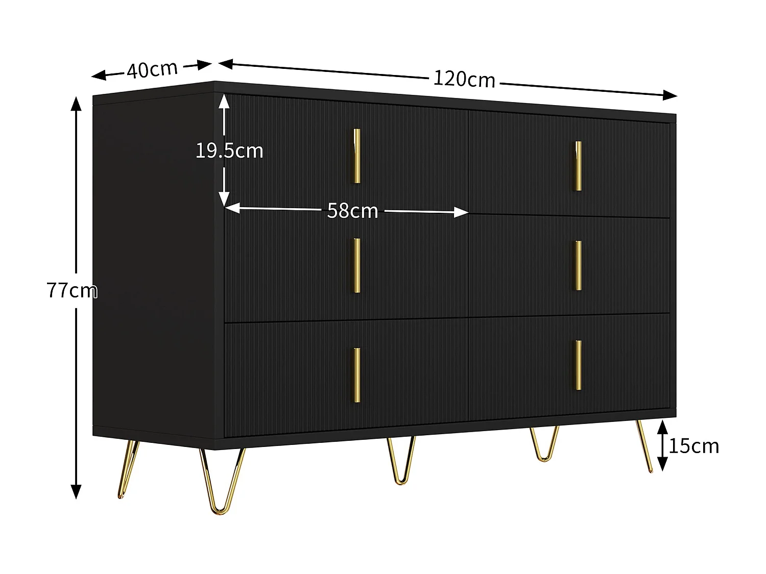 Buffet moderne noir orné de rayures élégantes 6 tiroirs poignées dorés 120x40x77cm