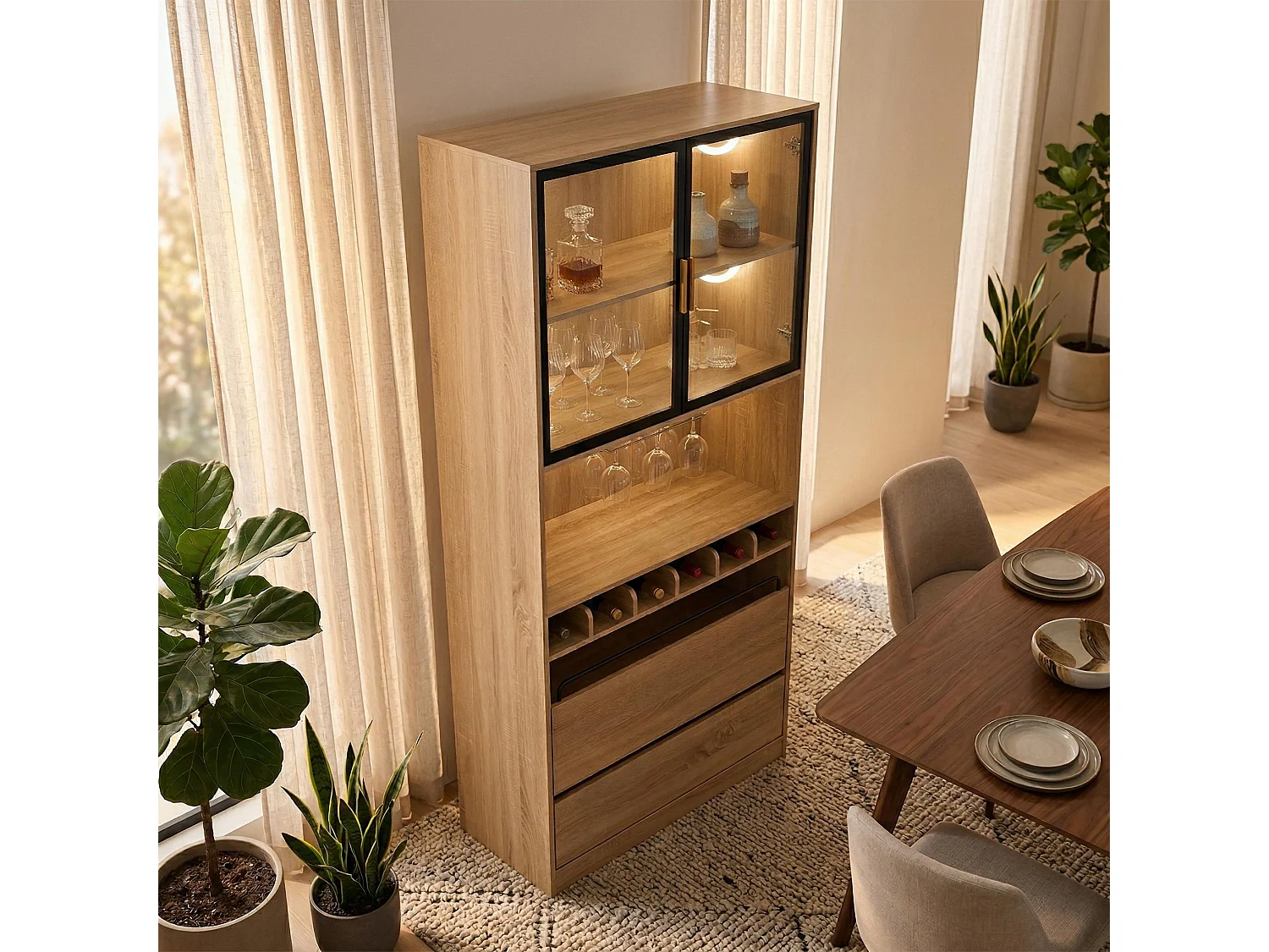 Vaisselier vitrine effet bois 2 tiroirs avec éclairage LED 180cm