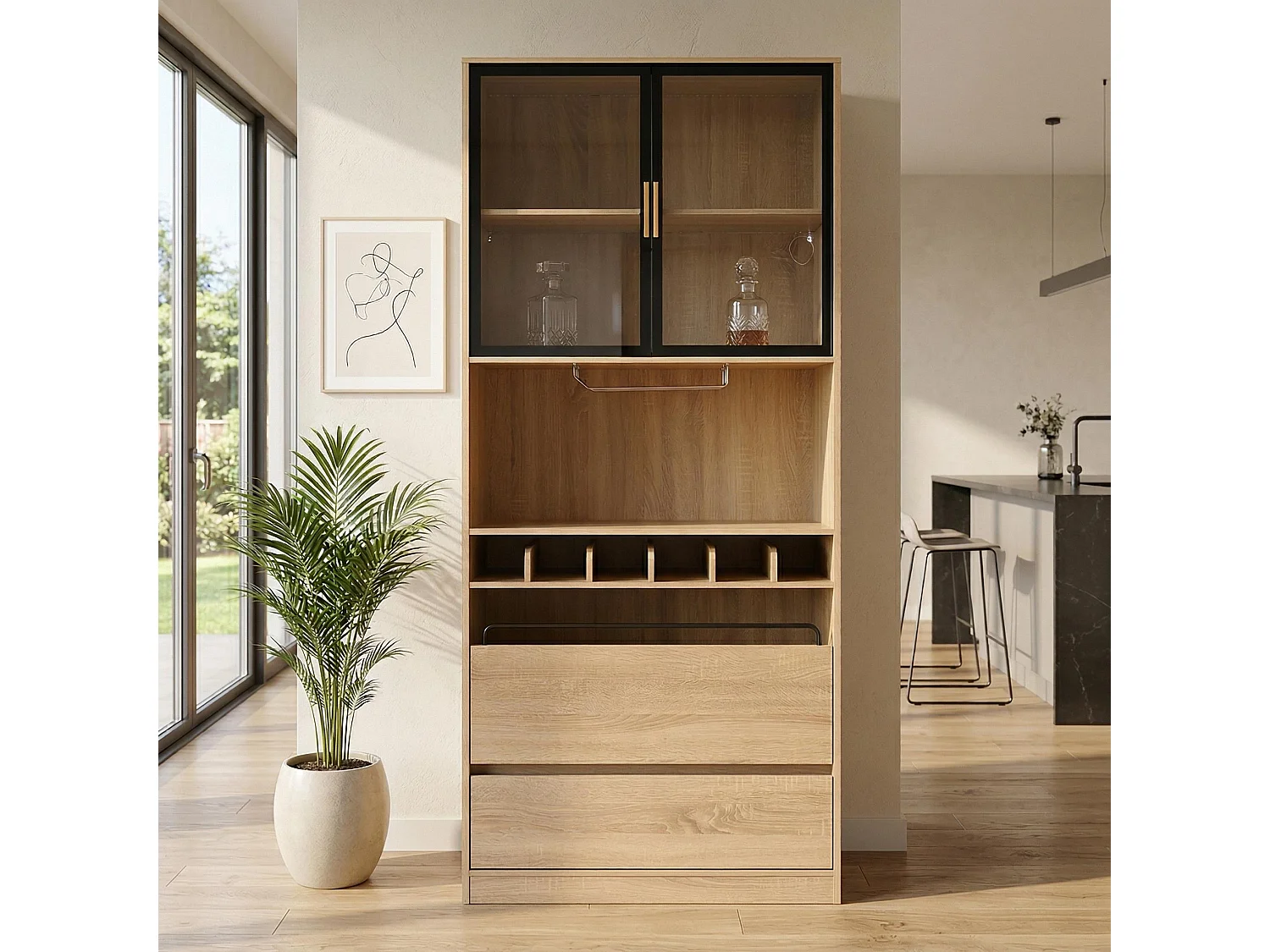 Vaisselier vitrine effet bois 2 tiroirs avec éclairage LED 180cm