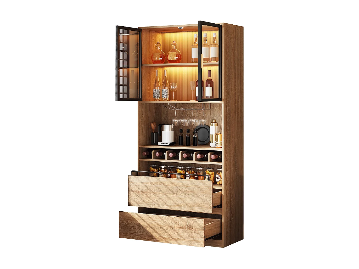 Vaisselier vitrine effet bois 2 tiroirs avec éclairage LED 180cm