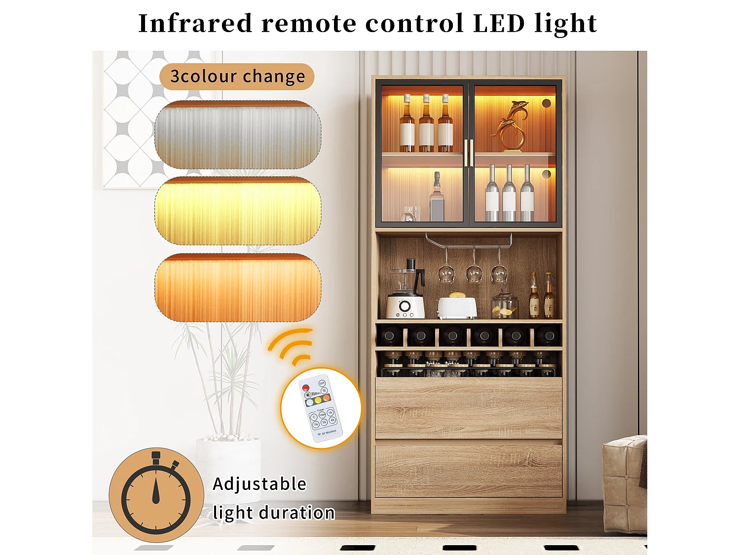 Vaisselier vitrine effet bois 2 tiroirs avec éclairage LED 180cm