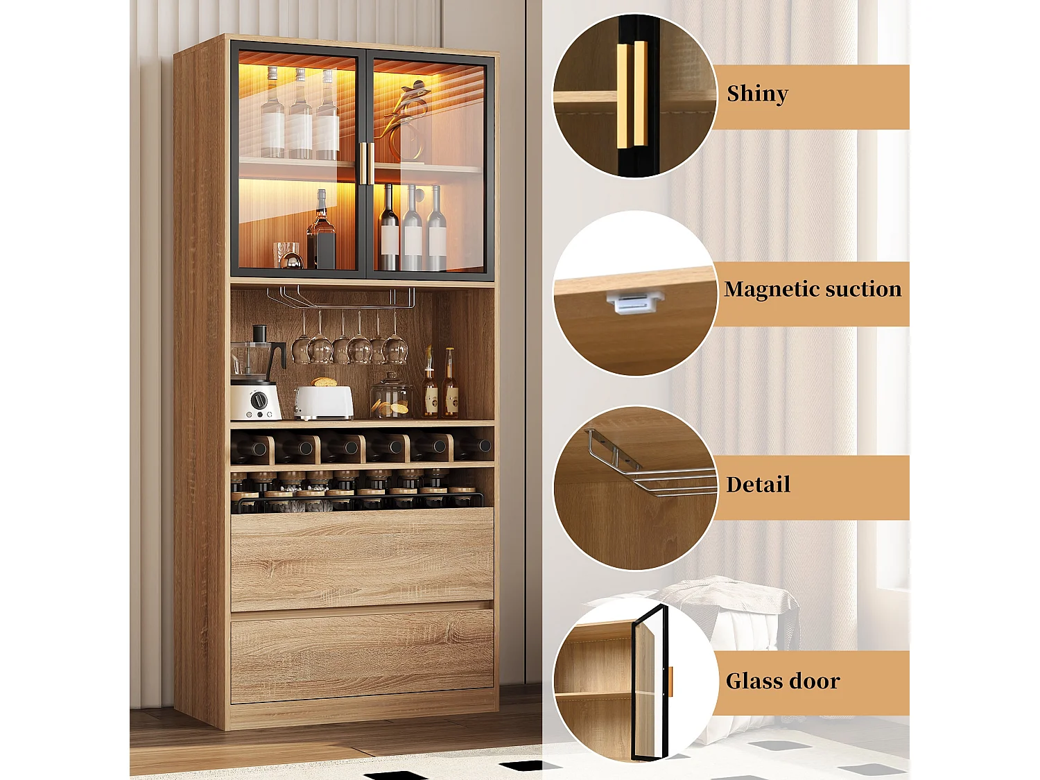 Vaisselier vitrine effet bois 2 tiroirs avec éclairage LED 180cm