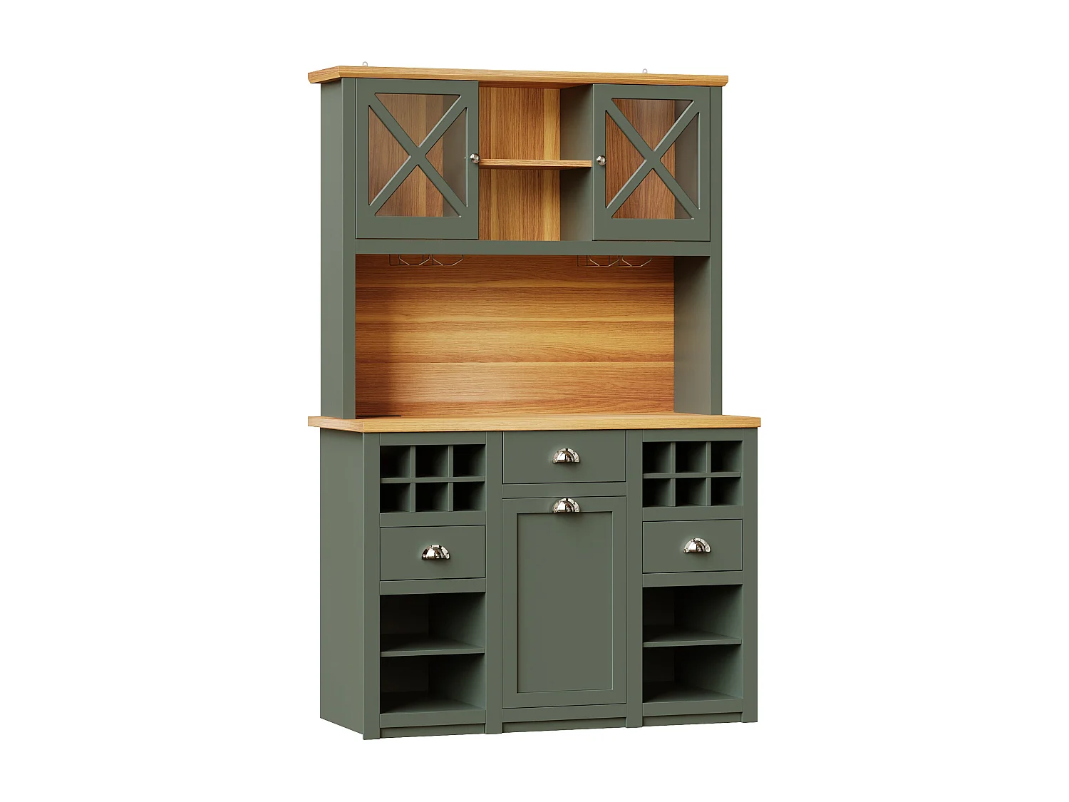 Vaisselier de cuisine vert antique éclairage LED et prises 120x45x188cm