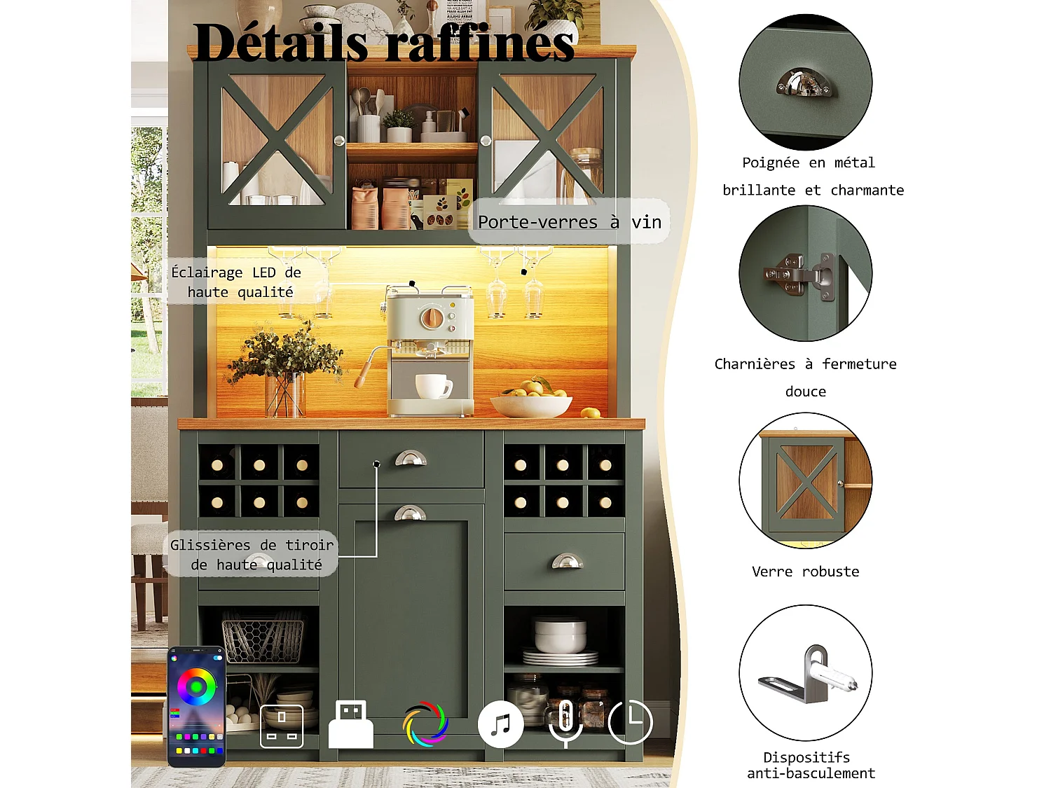 Vaisselier de cuisine vert antique éclairage LED et prises 120x45x188cm