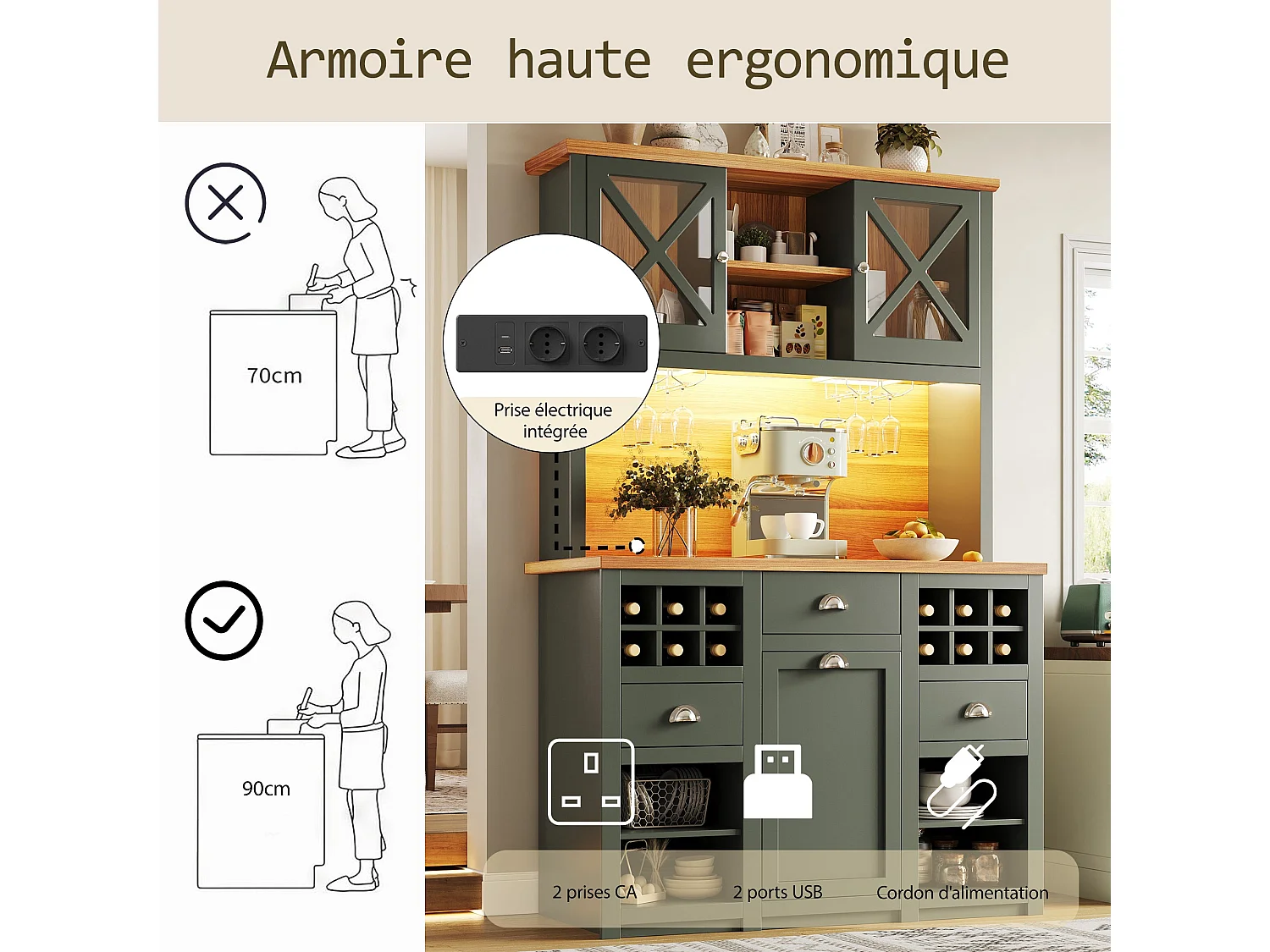 Vaisselier de cuisine vert antique éclairage LED et prises 120x45x188cm