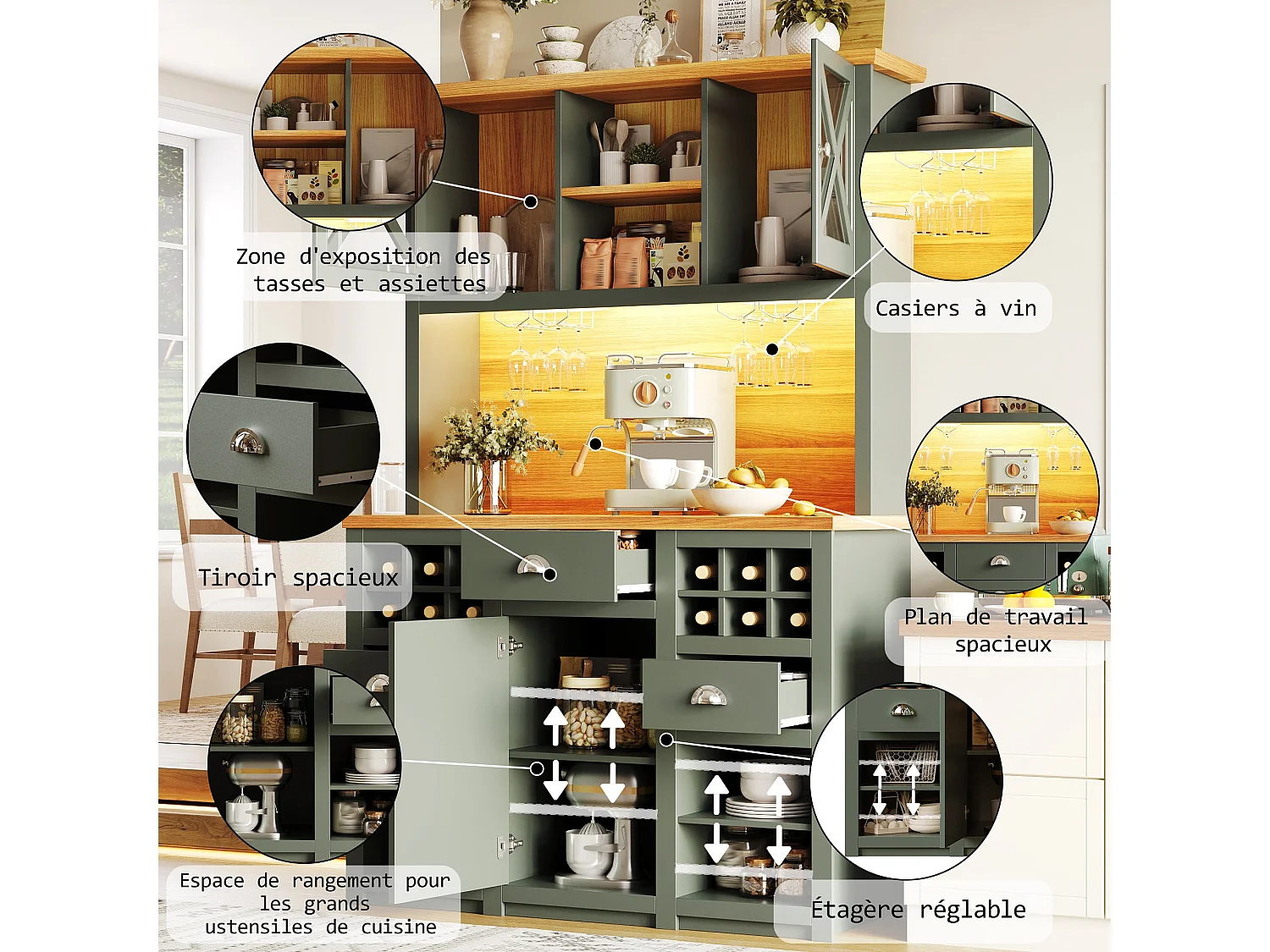 Vaisselier de cuisine vert antique éclairage LED et prises 120x45x188cm