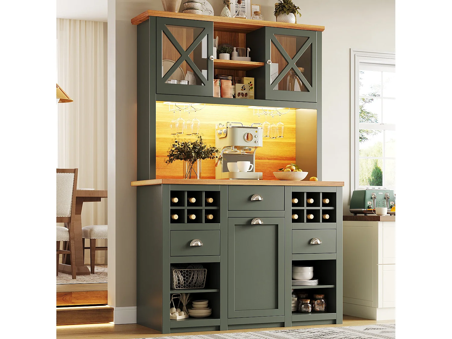 Vaisselier de cuisine vert antique éclairage LED et prises 120x45x188cm