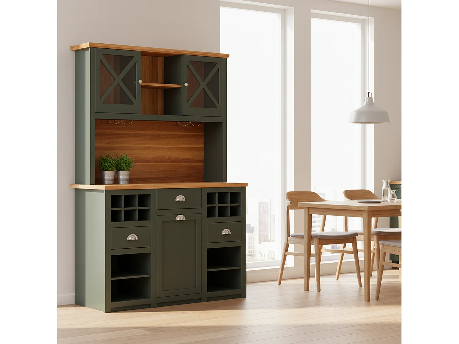 Vaisselier de cuisine vert antique éclairage LED et prises 120x45x188cm