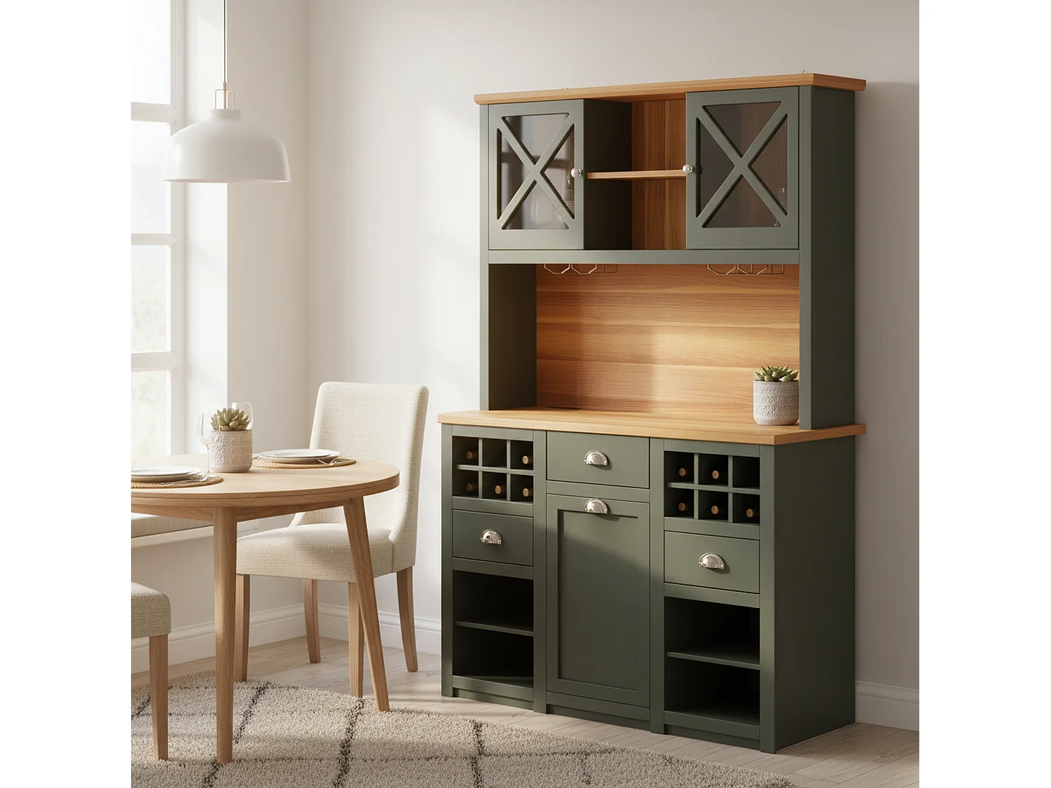 Vaisselier de cuisine vert antique éclairage LED et prises 120x45x188cm