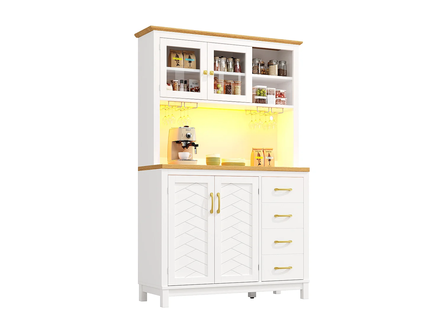 Vaisselier de cuisine effet bois et blanc vitrine design chevrons avec éclairage LED 105,5x40x180cm
