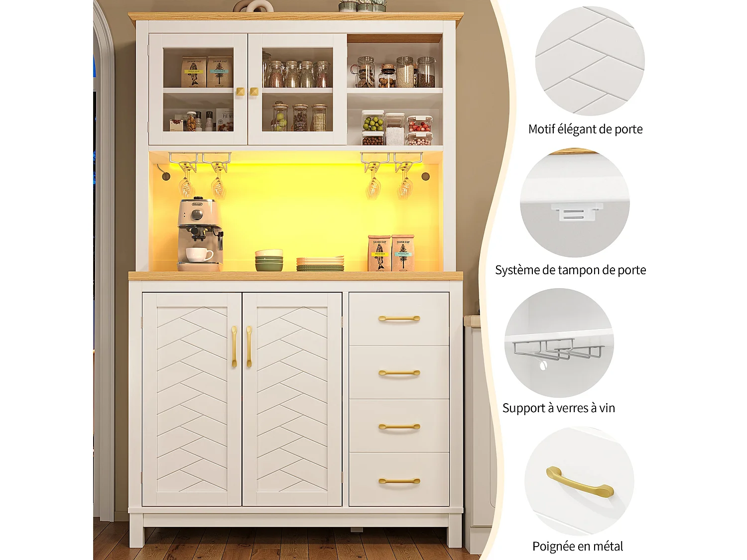 Vaisselier de cuisine effet bois et blanc vitrine design chevrons avec éclairage LED 105,5x40x180cm