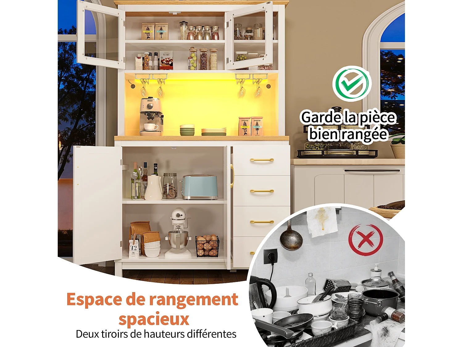 Vaisselier de cuisine effet bois et blanc vitrine design chevrons avec éclairage LED 105,5x40x180cm