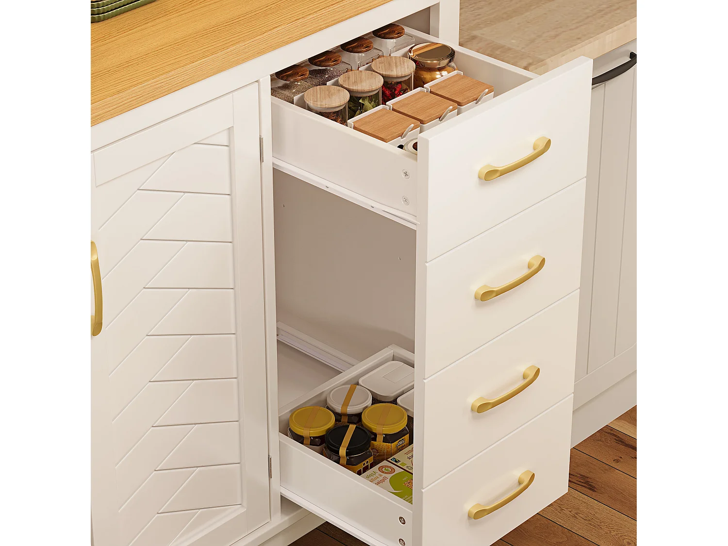 Vaisselier de cuisine effet bois et blanc vitrine design chevrons avec éclairage LED 105,5x40x180cm