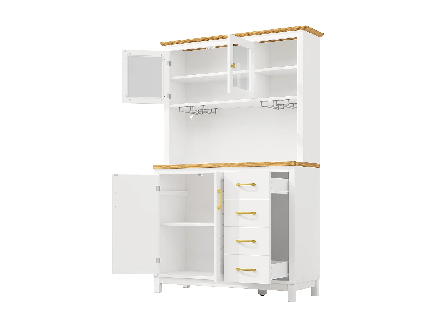 Vaisselier de cuisine effet bois et blanc vitrine design chevrons avec éclairage LED 105,5x40x180cm