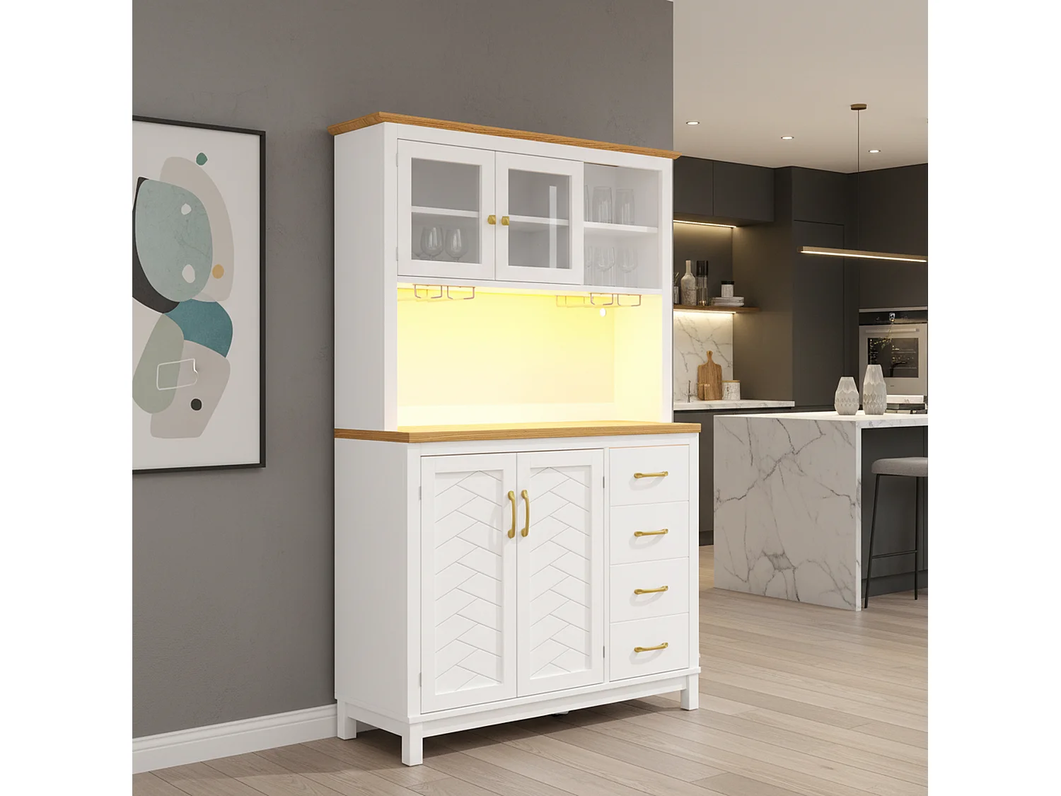 Vaisselier de cuisine effet bois et blanc vitrine design chevrons avec éclairage LED 105,5x40x180cm