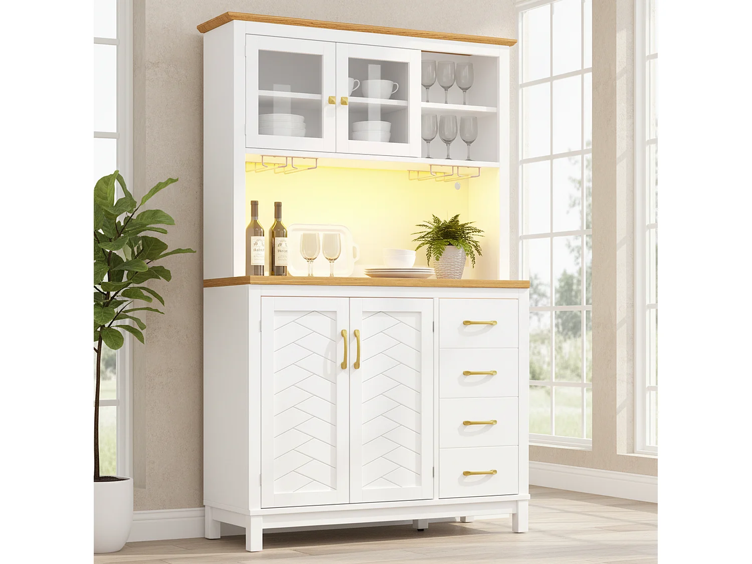 Vaisselier de cuisine effet bois et blanc vitrine design chevrons avec éclairage LED 105,5x40x180cm