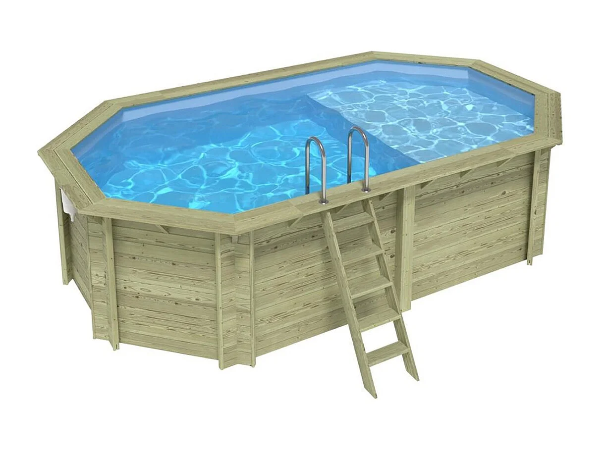 Piscine en bois NEMO 5.79 x 3.49 - H.1.45 m avec plage, bleu pâle, cadre en métal - sans dalle - BAS7304OSPU+PLA304 - ALTANKA