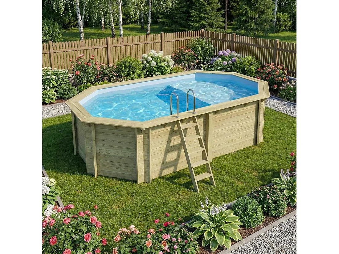 Piscina in legno NEMO 5.79 x 3.49 – H.1.45 m con spiaggia, azzurro chiaro, Su telaio - senza cementazione - BAS7304OSPU+PLA304 - ALTANKA