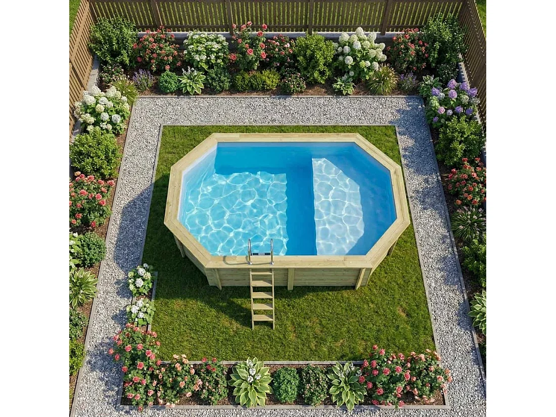 Piscina in legno NEMO 5.79 x 3.49 – H.1.45 m con spiaggia, azzurro chiaro, Su telaio - senza cementazione - BAS7304OSPU+PLA304 - ALTANKA