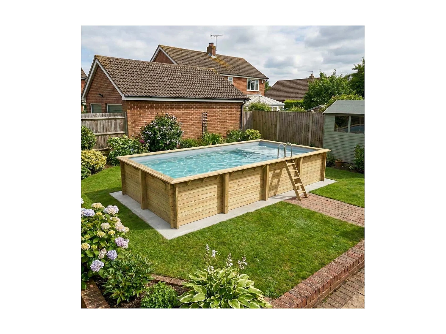 Piscine en bois AQUA 8.5 x 4.35 - H.1.45 m avec plage, gris clair, fixations à sceller - BAS7309OSPI2+PLA309 - ALTANKA