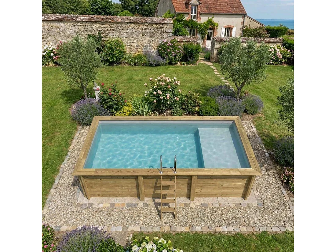 Piscine en bois AQUA 6.1 x 2.85 - H.1.31 m avec plage, gris clair, cadre en métal - sans dalle - BAS7307OSPU2+PLA307 - ALTANKA