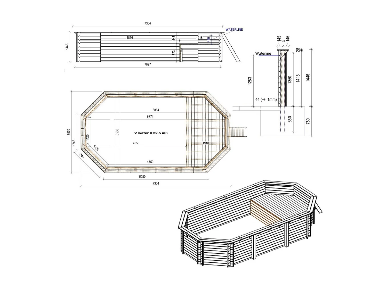Piscine en bois NEMO 7.3 x 3.97 - H.1.45 m avec plage, gris clair, fixations à visser - BAS7305OSPL2+PLA305 - ALTANKA