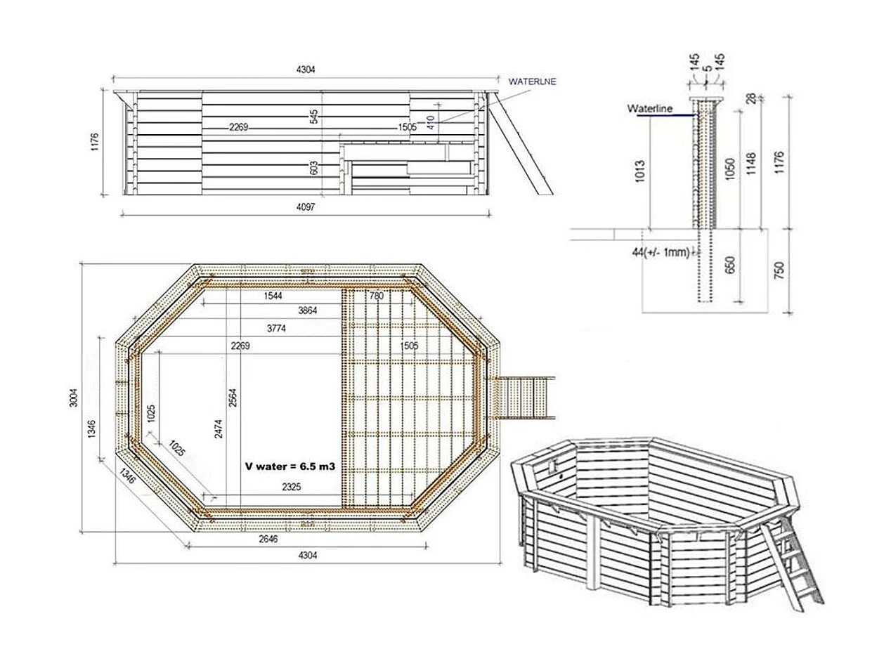 Piscine en bois NEMO 4.3 x 3 - H.1.18 m avec plage, sable, fixations à sceller - BAS7302OSPI3+PLA302 - ALTANKA
