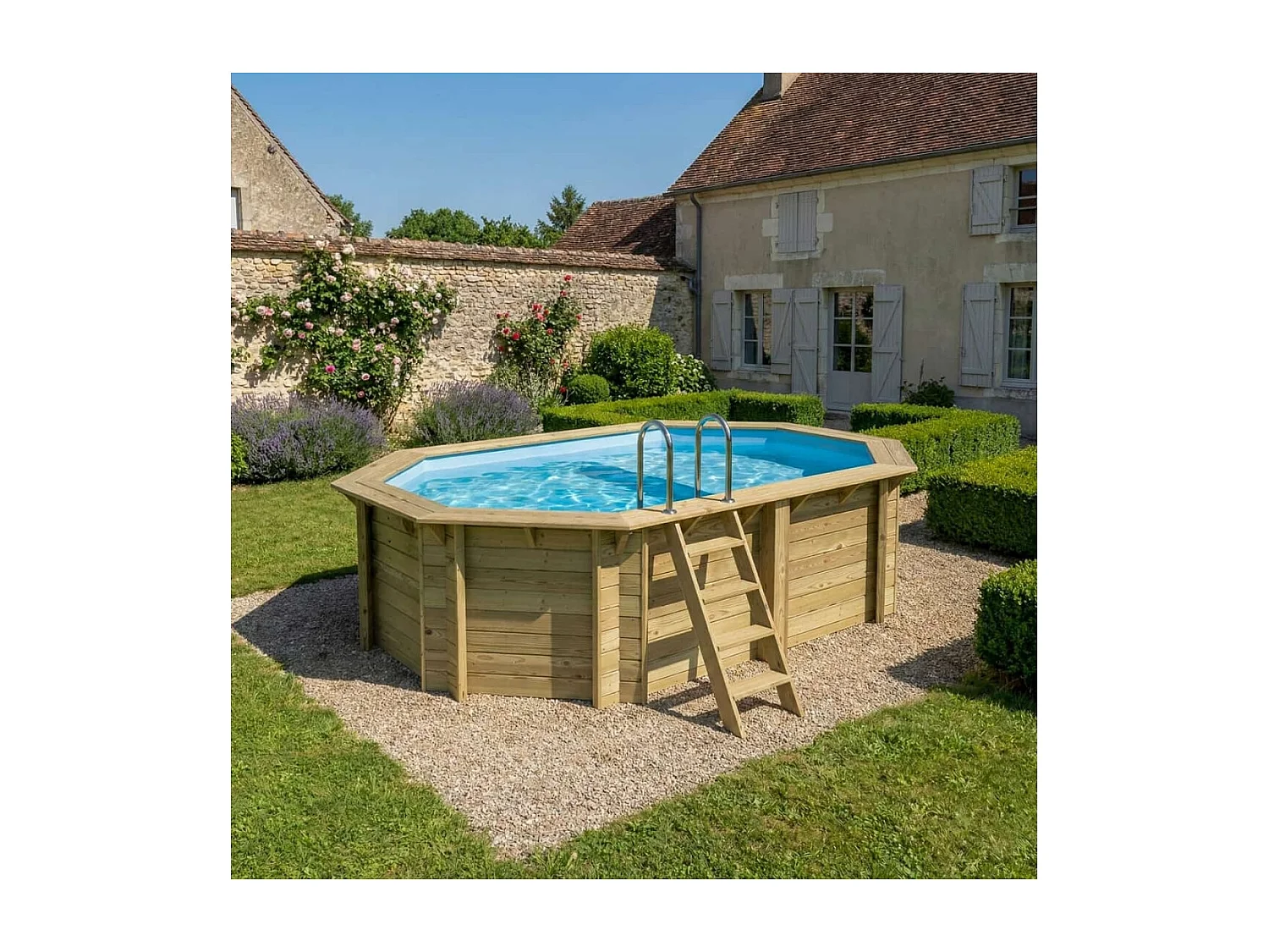 Piscine en bois NEMO 4.3 x 3 - H.1.18 m avec plage, bleu pâle, fixations à sceller - BAS7302OSPI+PLA302 - ALTANKA