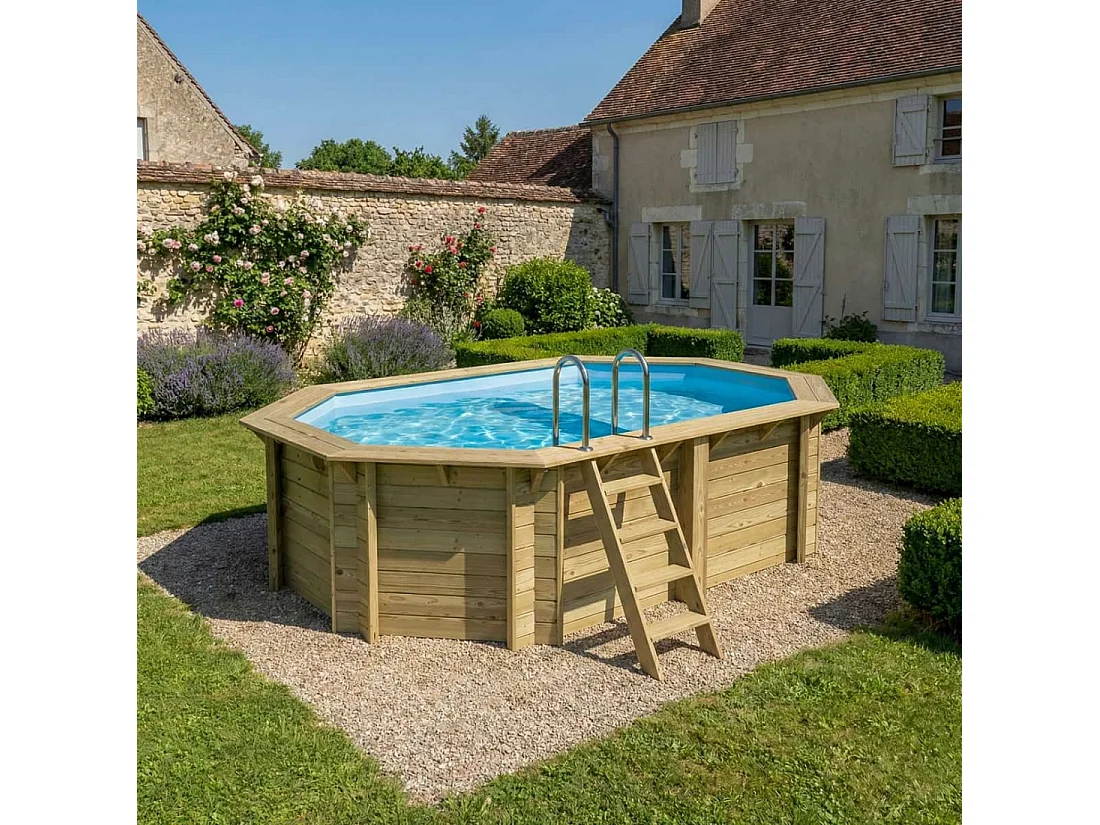 Piscine en bois NEMO 4.3 x 3 - H.1.18 m avec plage, bleu pâle, fixations à sceller - BAS7302OSPI+PLA302 - ALTANKA
