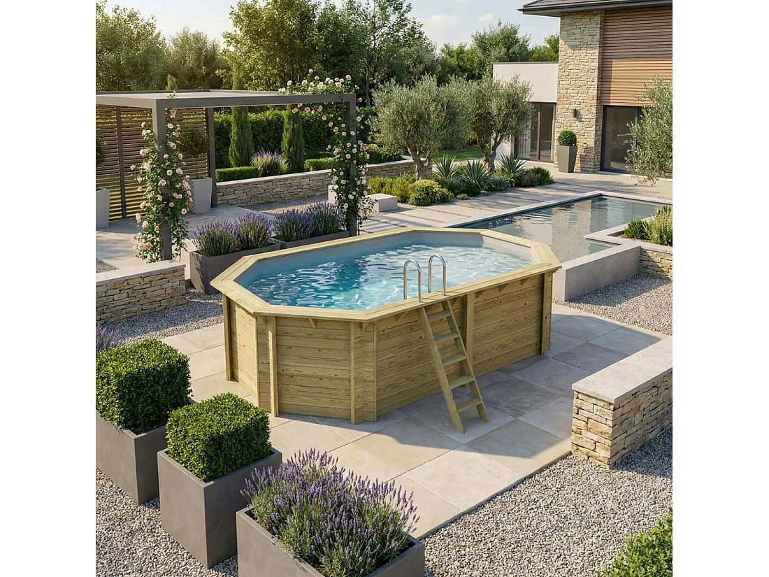 Piscina in legno NEMO 5.79 x 3.49 – H.1.45 m con spiaggia, grigio, Su telaio - senza cementazione - BAS7304OSPU2+PLA304 - ALTANKA