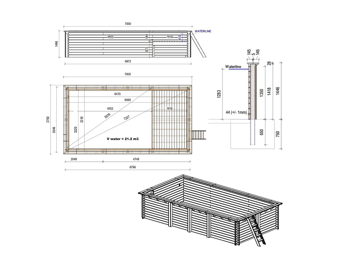 Piscina in legno AQUA 7 x 3.75 – H.1.45 m con spiaggia, sabbia, con supporti fissati al calcestruzzo - BAS7308OSPL3+PLA308 - ALTANKA